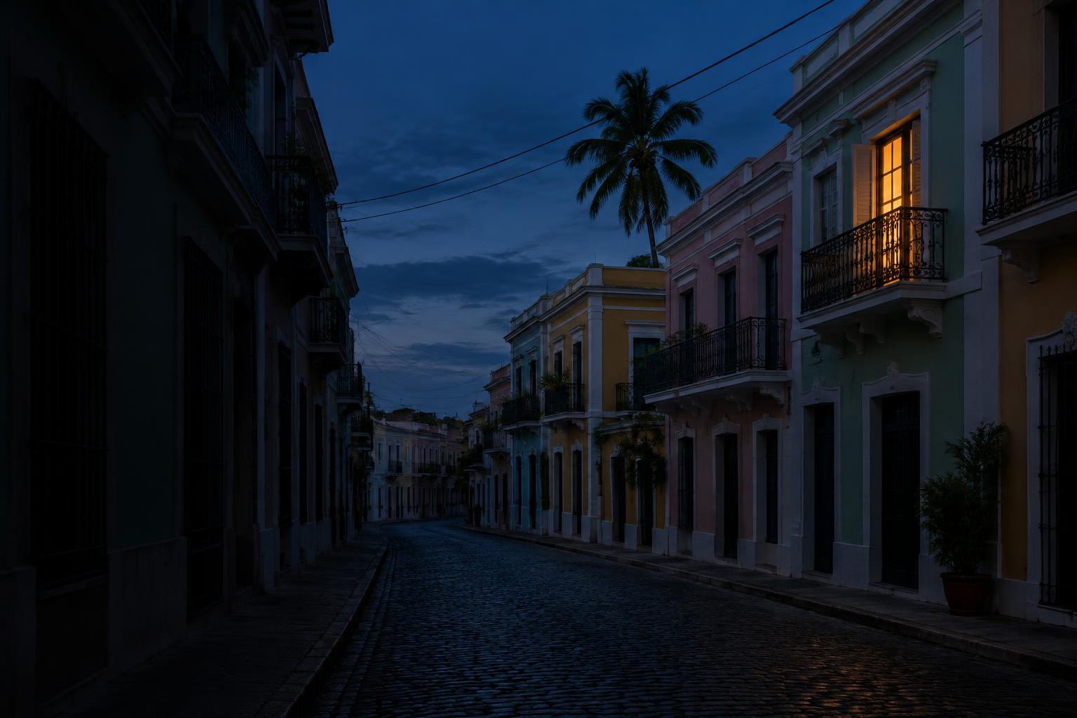 Spanish-colonial Caribbean street at blue hour with one amber window lit